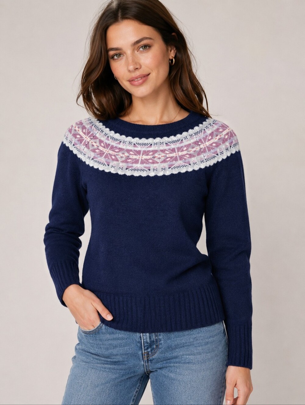 🐑❄️💜 American Eagle NWT Fair Isle 100% Wool Sweater Navy Pink Winter Cozy MED